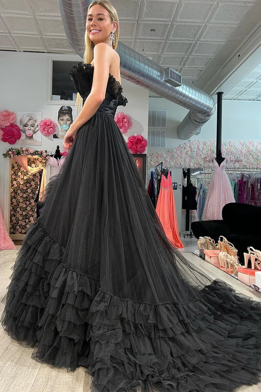 Transparent hard gauze strapless A-line layered pleated ball gown