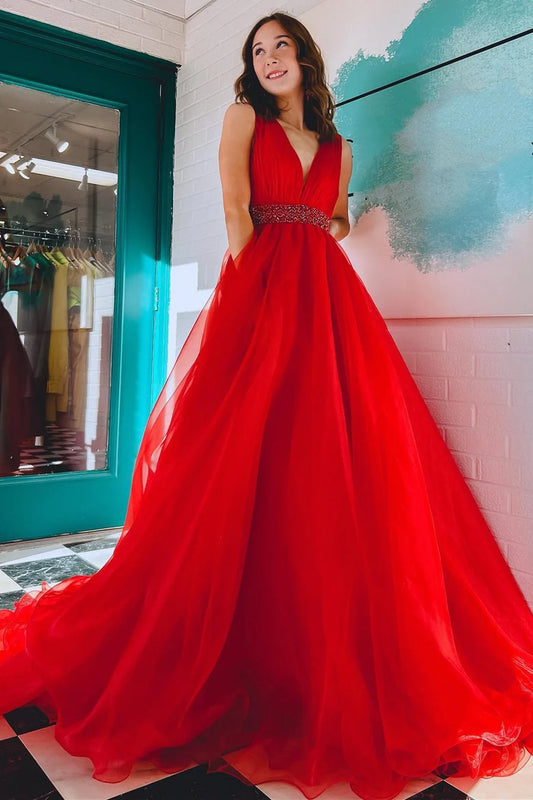 Transparent hard yarn V-shaped long formal dress with beaded waistband