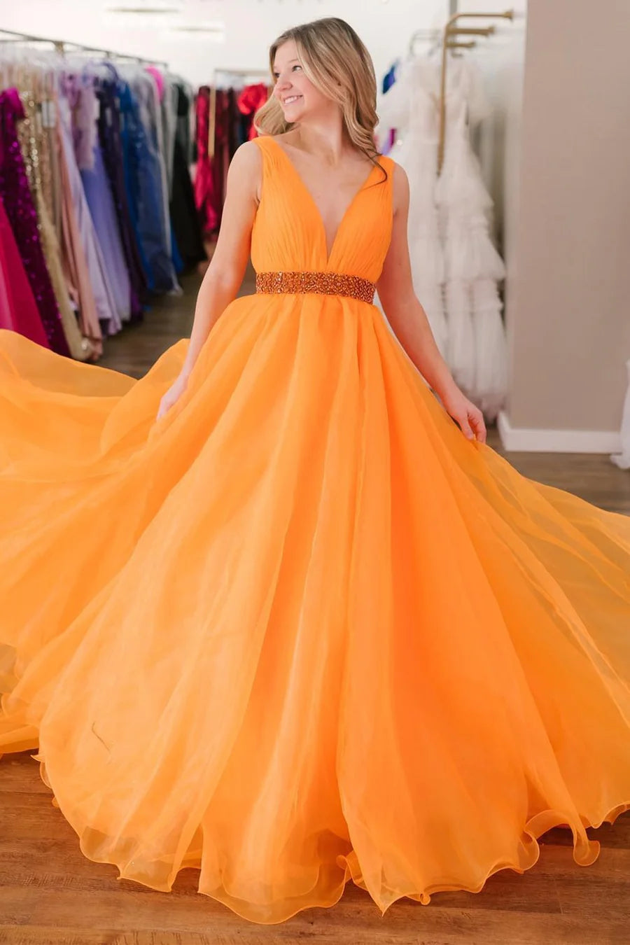Transparent hard yarn V-shaped long formal dress with beaded waistband