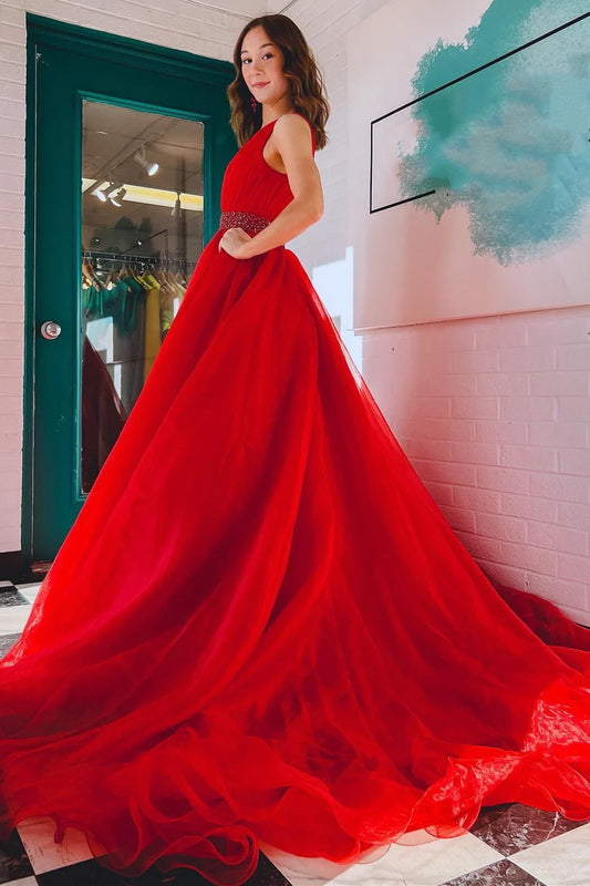 Transparent hard yarn V-shaped long formal dress with beaded waistband