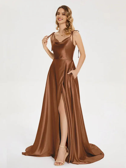 Trendy Floor Length Prom Dress  Satin Cowl Neck Spaghetti Strap  Slit with Slit Floor Length  with Slit