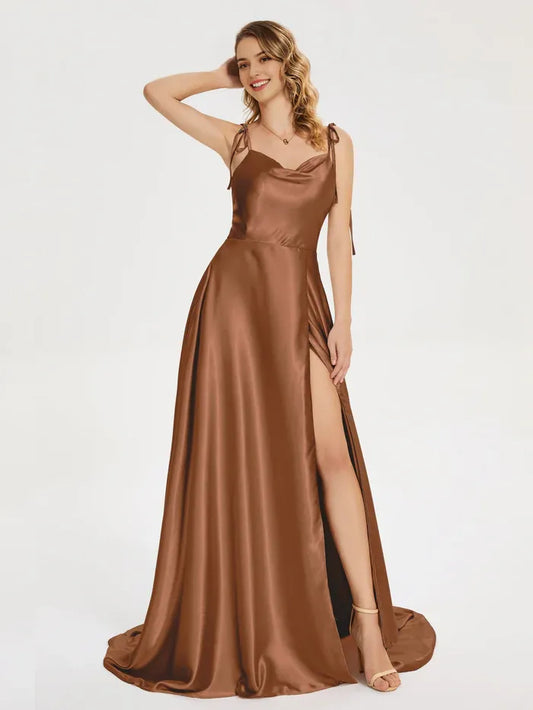 Trendy Floor Length Prom Dress  Satin Cowl Neck Spaghetti Strap  Slit with Slit Floor Length  with Slit
