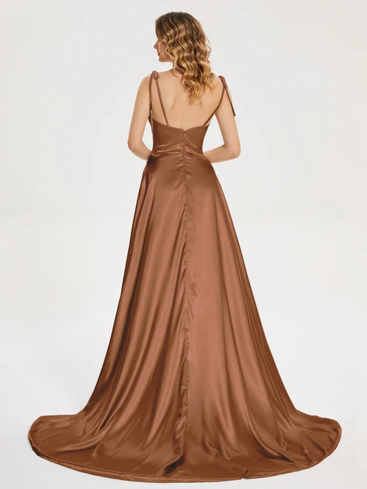 Trendy Floor Length Prom Dress  Satin Cowl Neck Spaghetti Strap  Slit with Slit Floor Length  with Slit