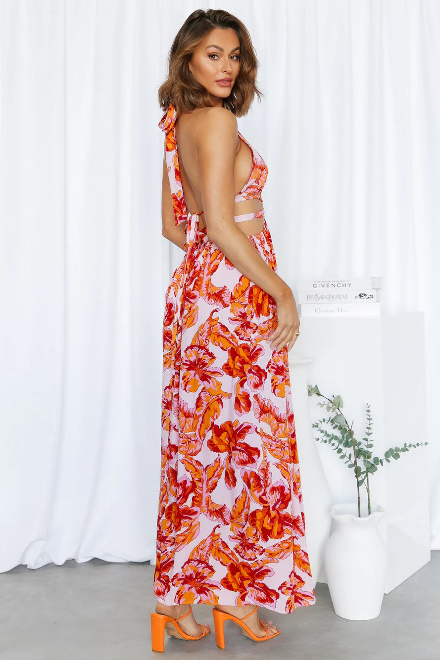 Tropical Floral Halter Neck Cutout Ring Detail High Slit Maxi Evening Dresses