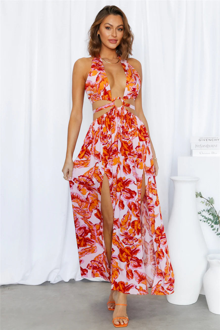 Tropical Floral Halter Neck Cutout Ring Detail High Slit Maxi Evening Dresses