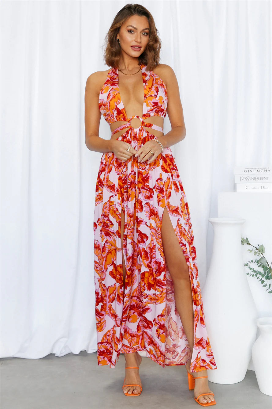 Tropical Floral Halter Neck Cutout Ring Detail High Slit Maxi Evening Dresses