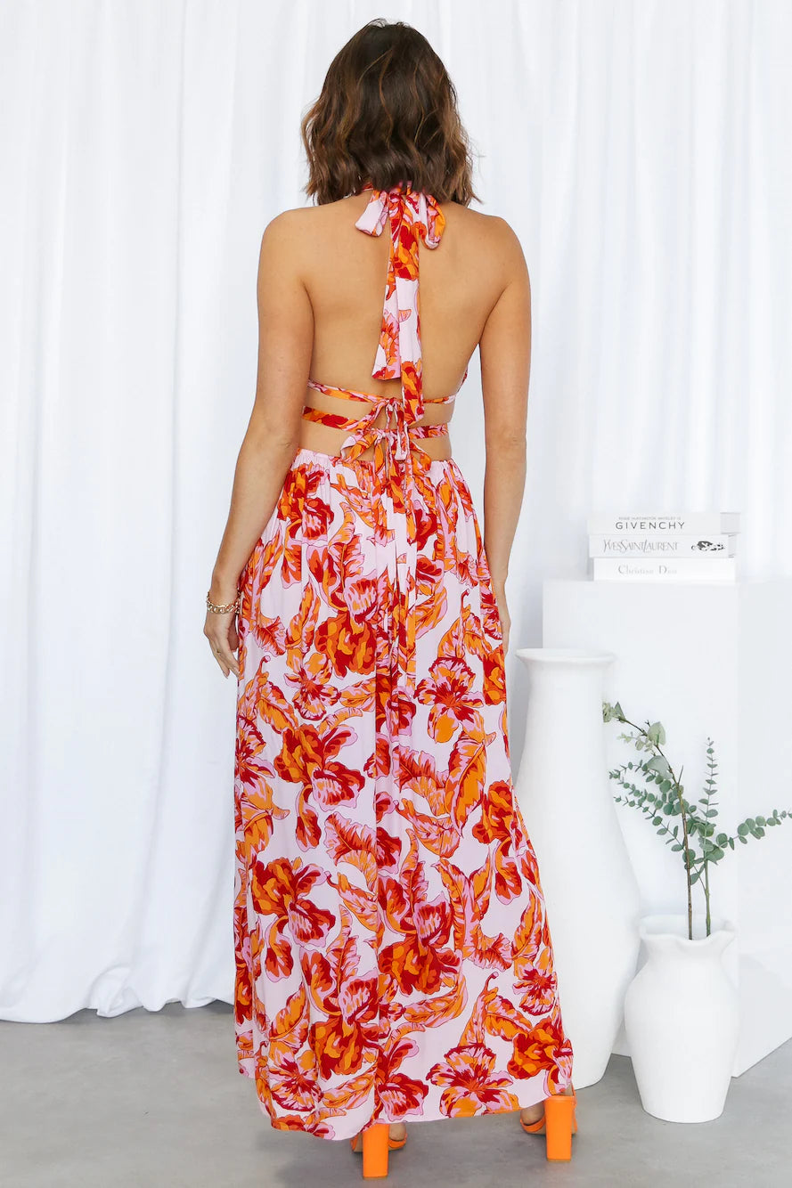 Tropical Floral Halter Neck Cutout Ring Detail High Slit Maxi Evening Dresses