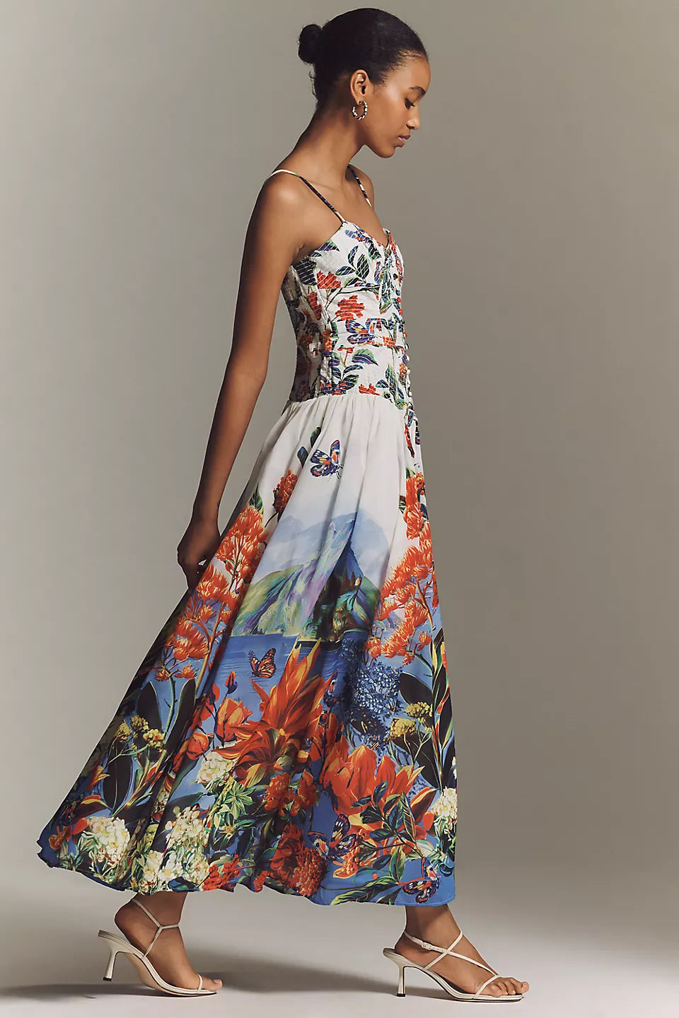 Tropical Landscape Print Spaghetti Strap Midi Evening Dresses with Smocked Bodice