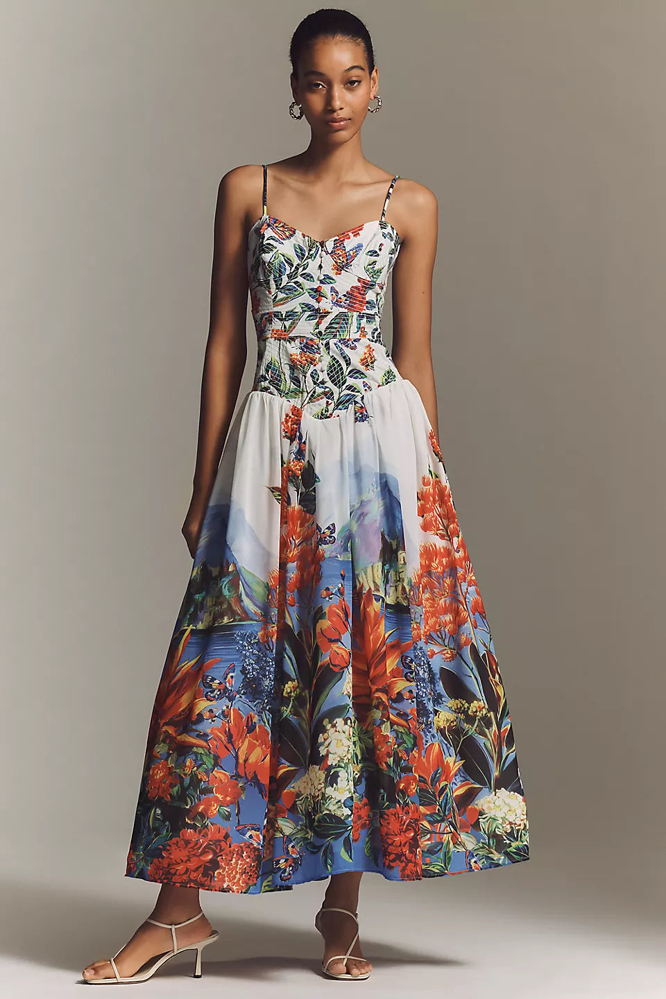 Tropical Landscape Print Spaghetti Strap Midi Evening Dresses with Smocked Bodice