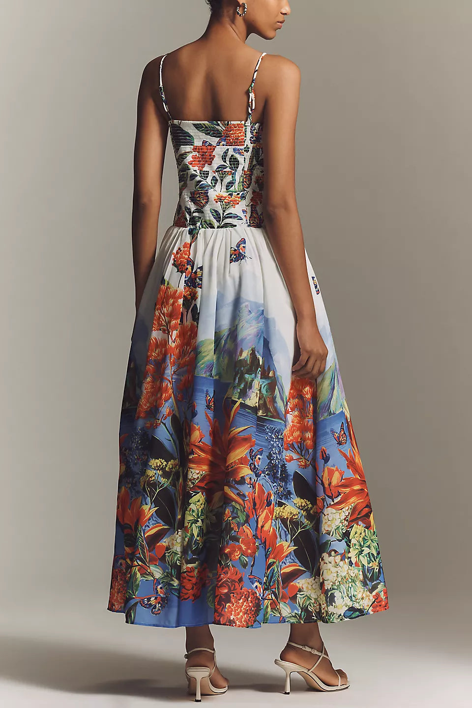 Tropical Landscape Print Spaghetti Strap Midi Evening Dresses with Smocked Bodice