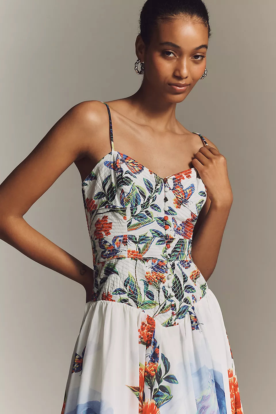 Tropical Landscape Print Spaghetti Strap Midi Evening Dresses with Smocked Bodice
