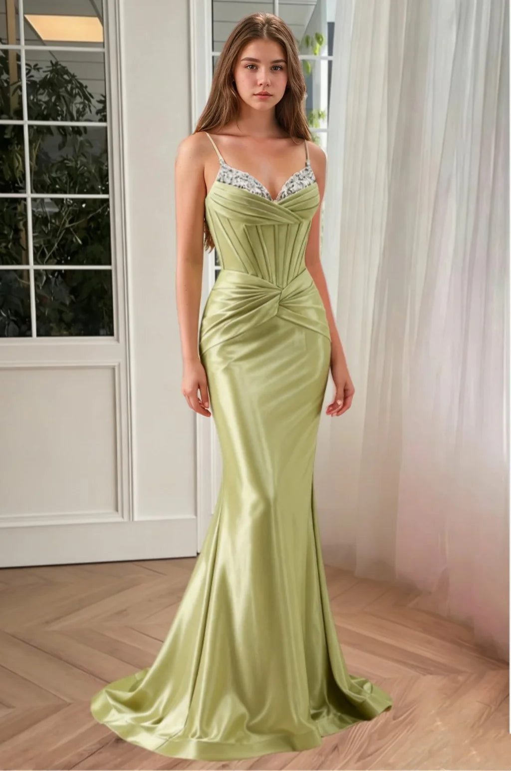 Spaghetti-Strap Satin Evening Dress with Crystal-Embellished V-Neck, Corset Bodice & Mermaid Train