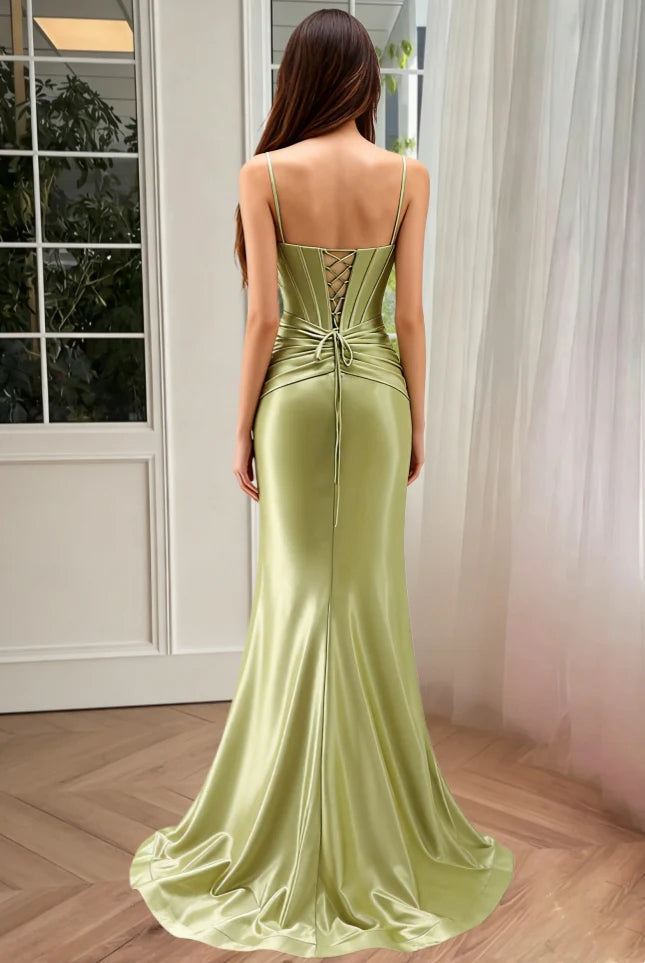 Spaghetti-Strap Satin Evening Dress with Crystal-Embellished V-Neck, Corset Bodice & Mermaid Train