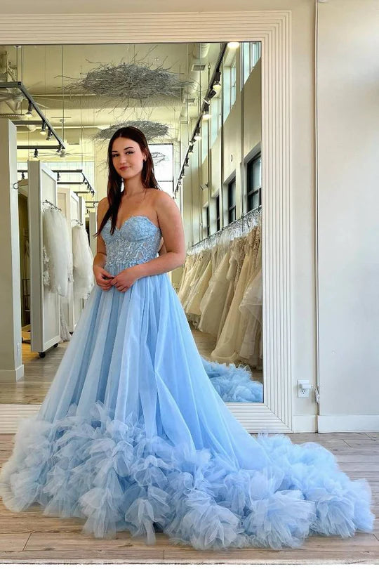 Tulle Appliques Sweetheart Ruffle Long Prom Dress