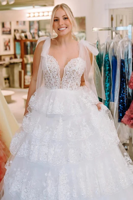 Tulle Appliques Tying Strap Ruffle Tiered Long Prom Dress