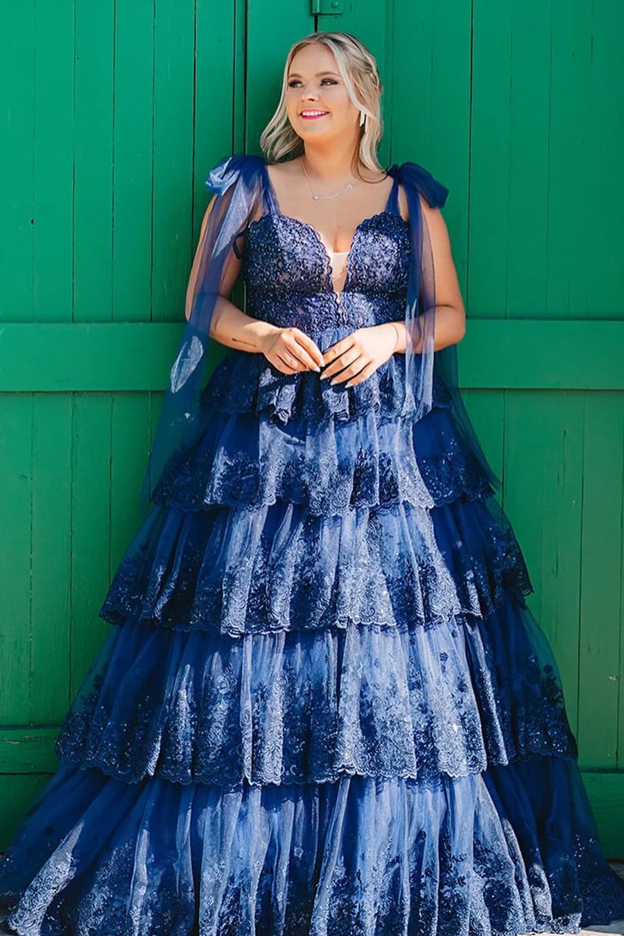 Tulle Appliques Tying Strap Ruffle Tiered Long Prom Dress