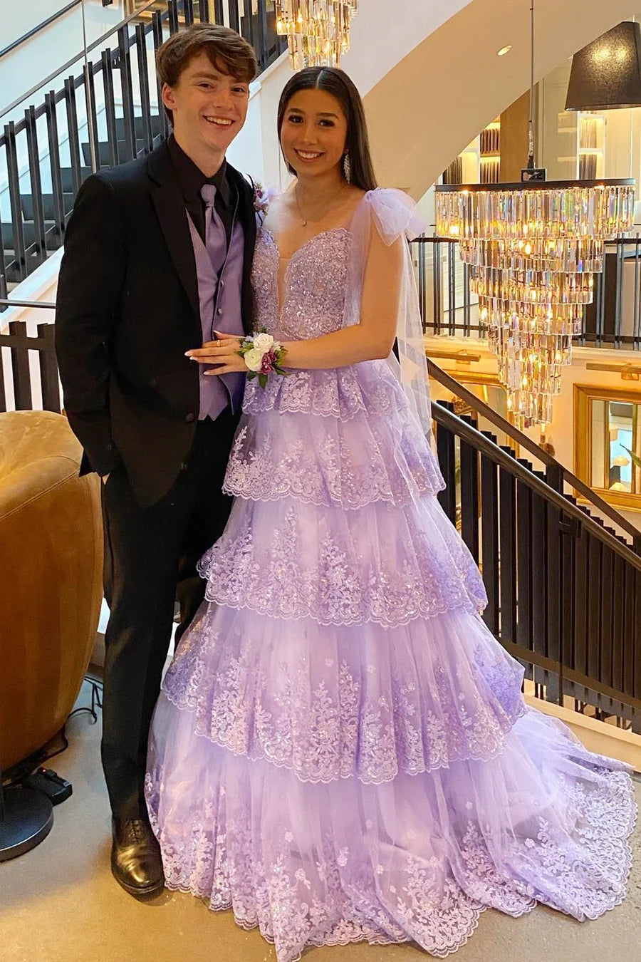 Tulle Appliques Tying Strap Ruffle Tiered Long Prom Dress