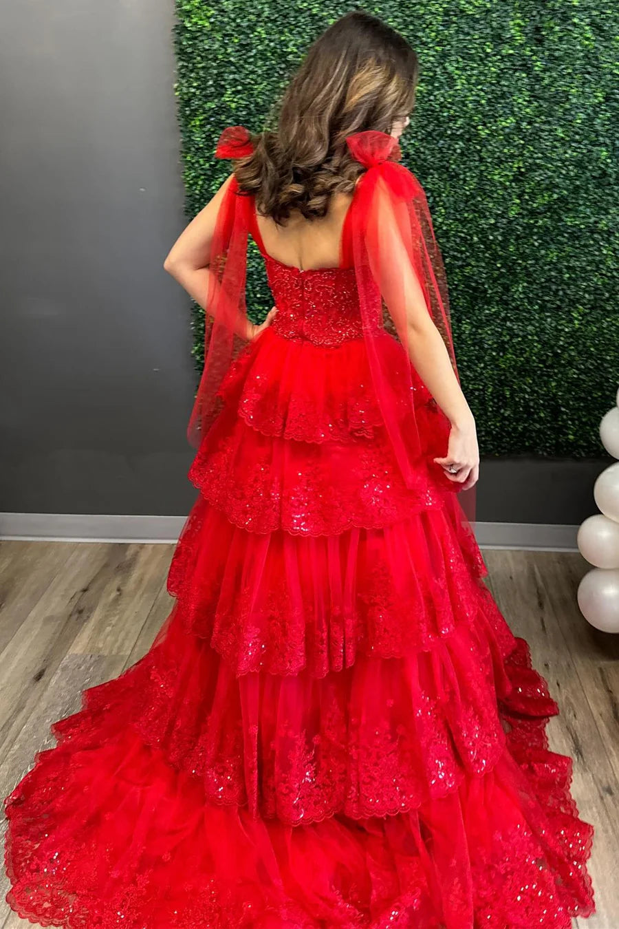 Tulle Appliques Tying Strap Ruffle Tiered Long Prom Dress