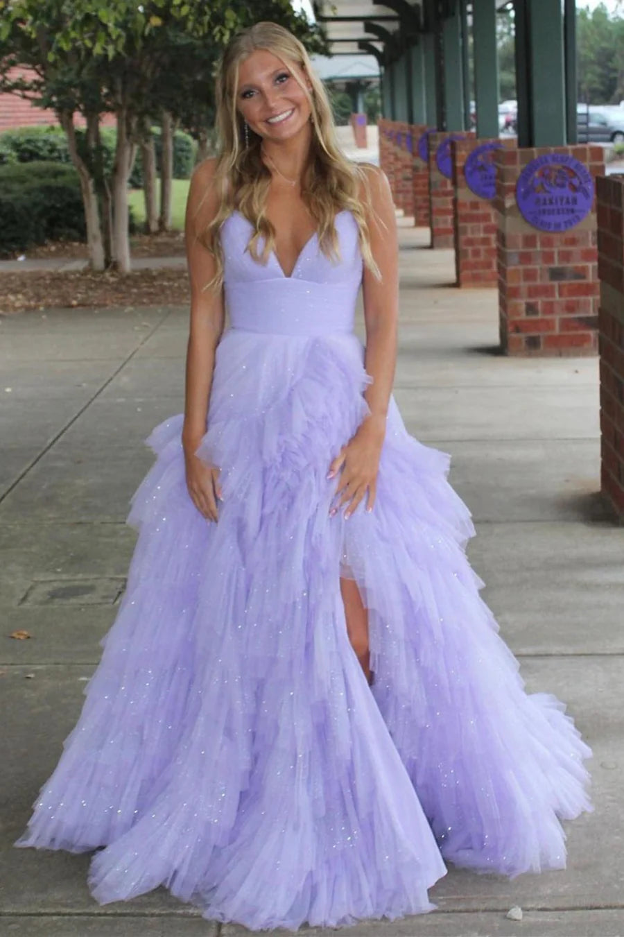 Tulle High-Waist Tiered Long Prom Dress with Ruffles