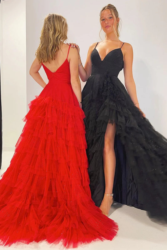Tulle High-Waist Tiered Long Prom Dress with Ruffles