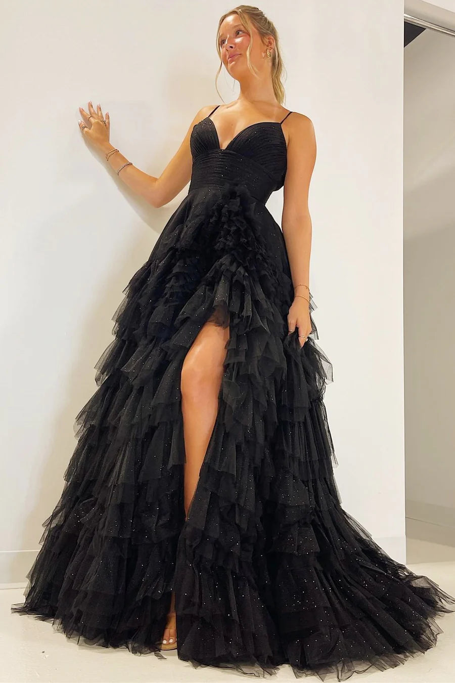 Tulle High-Waist Tiered Long Prom Dress with Ruffles