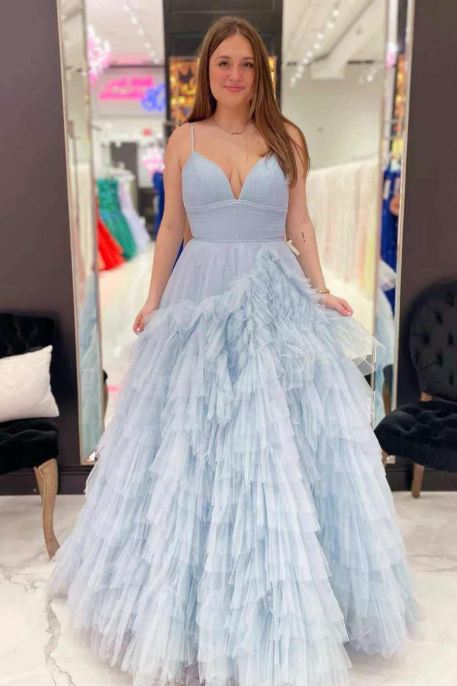 Tulle High-Waist Tiered Long Prom Dress with Ruffles