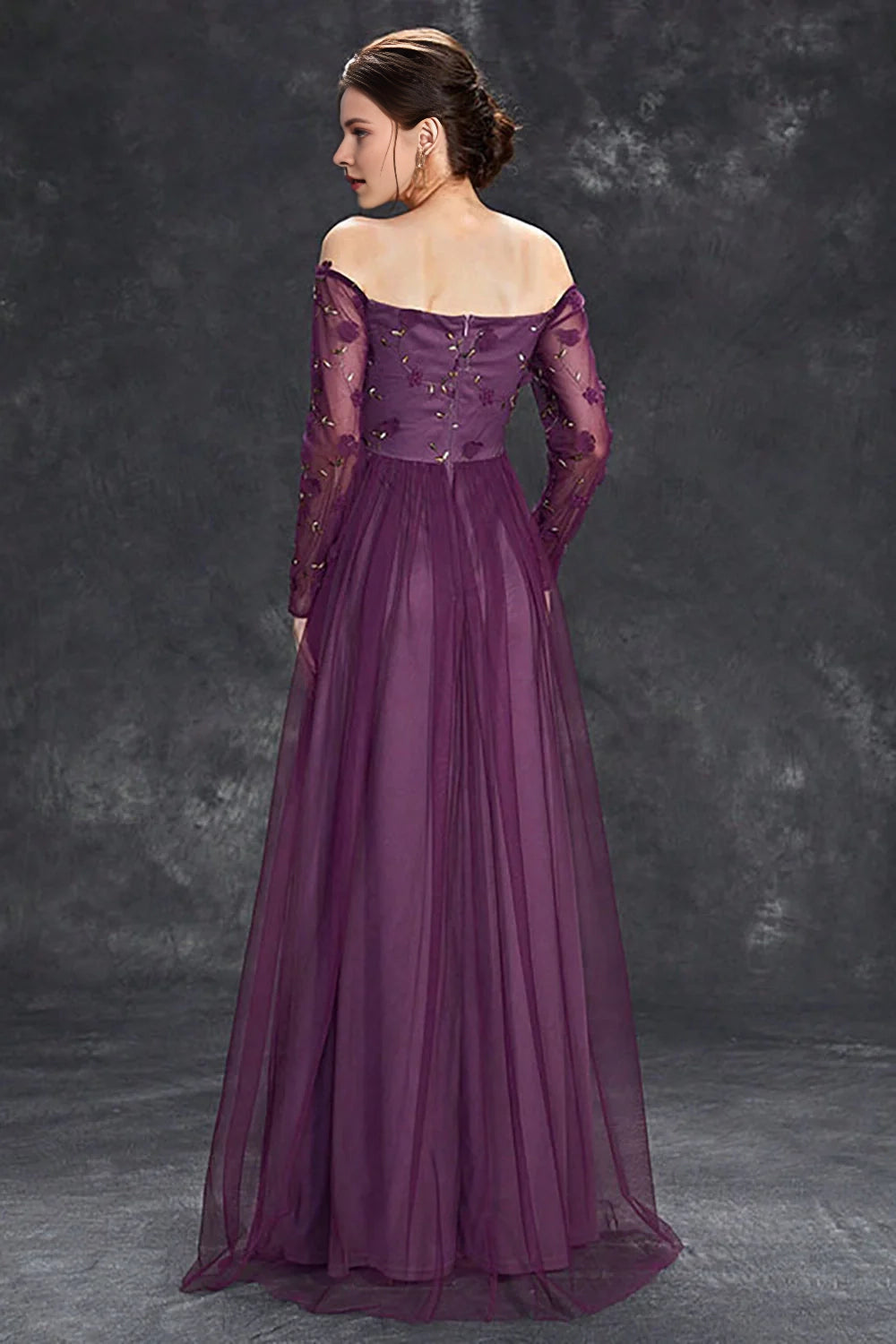 Tulle Off The Shoulder Dark Purple Formal Dress with Sleeves