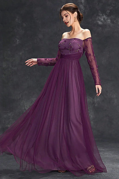 Tulle Off The Shoulder Dark Purple Formal Dress with Sleeves