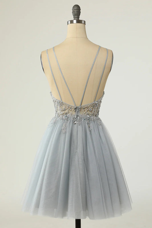 Tulle Plunge V A-Line Beaded Short Cocktail Dress