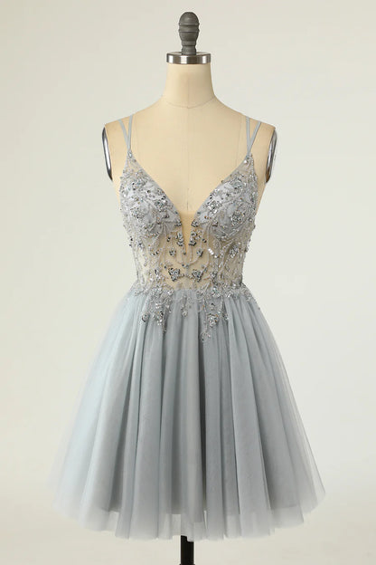 Tulle Plunge V A-Line Beaded Short Cocktail Dress