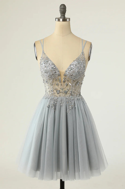 Tulle Plunge V A-Line Beaded Short Cocktail Dress