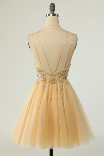 Tulle Plunge V A-Line Beaded Short Cocktail Dress