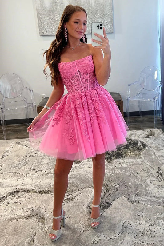 Tulle Strapless A-Line Short Gown with Appliques