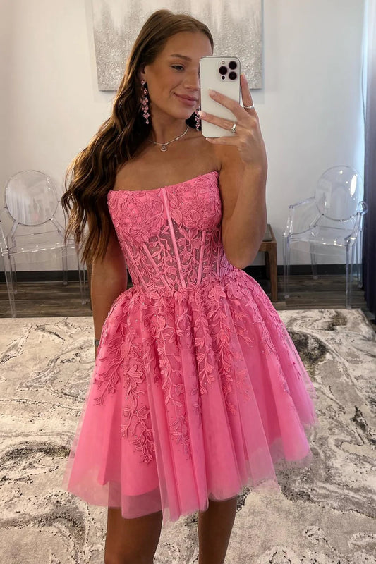 Tulle Strapless A-Line Short Gown with Appliques