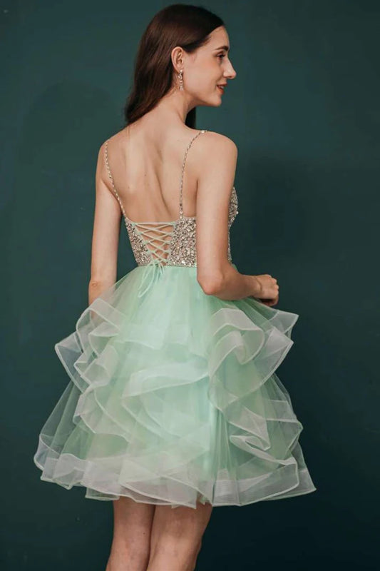 Tulle and Sequin Block Short Party Dress Pink and Green