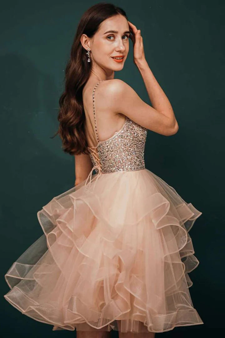 Tulle and Sequin Block Short Party Dress Pink and Green