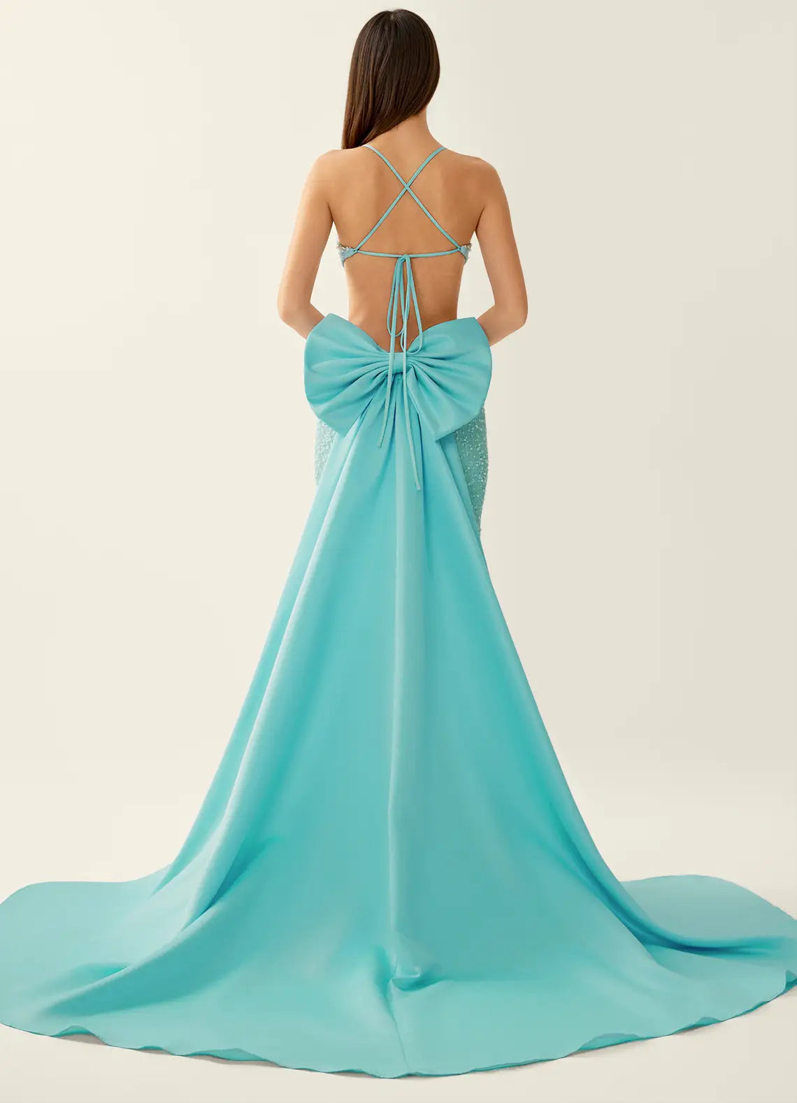 Turquoise Beaded Cutout Bow Mermaid Maxi Evening Dresses