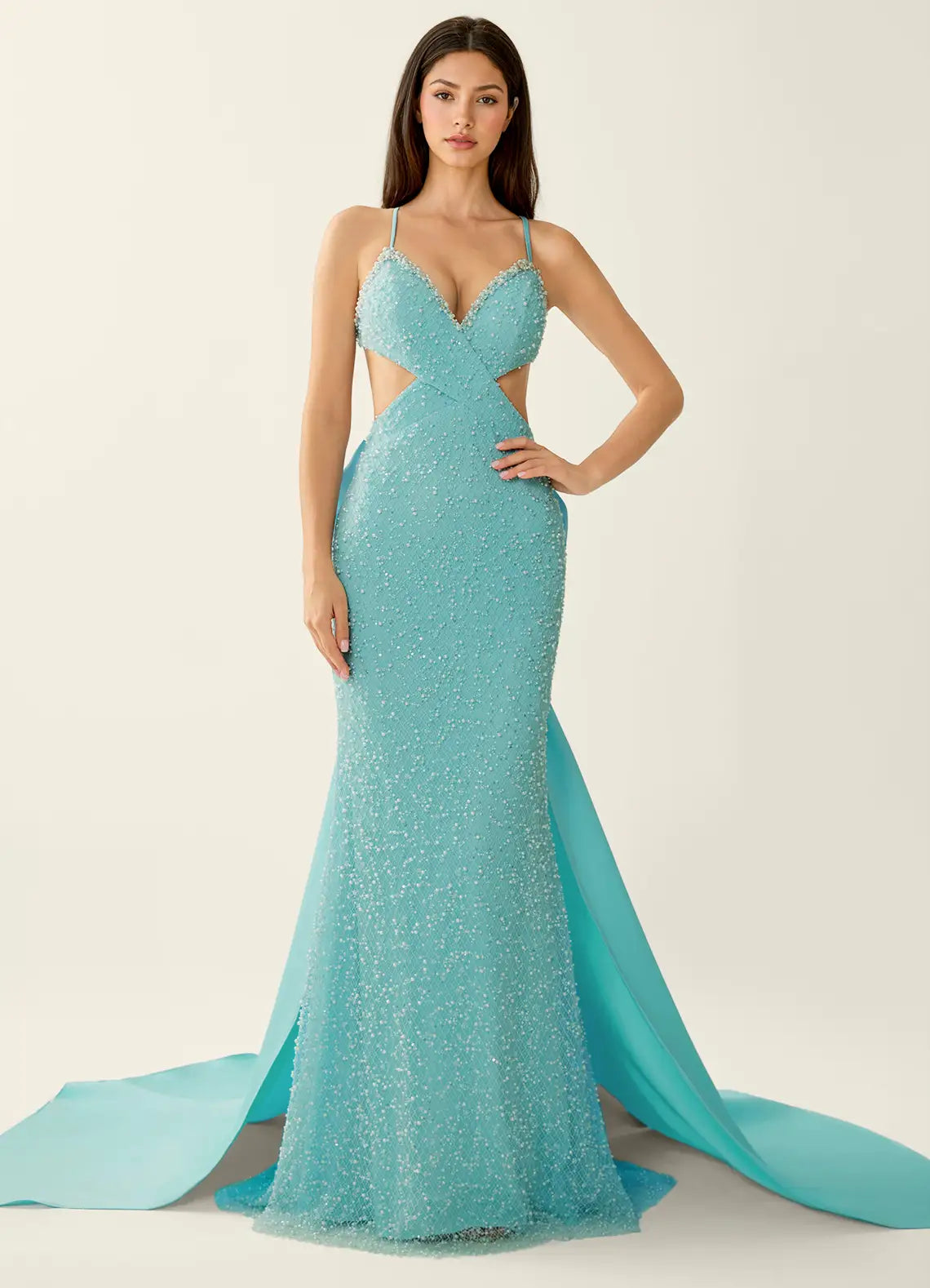 Turquoise Beaded Cutout Bow Mermaid Maxi Evening Dresses