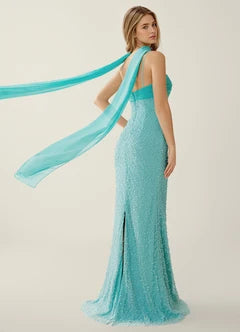 Turquoise Beaded Spaghetti Strap Mermaid Evening Dresses With Cape