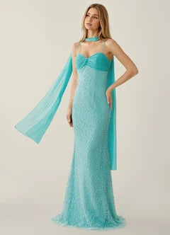 Turquoise Beaded Spaghetti Strap Mermaid Evening Dresses With Cape