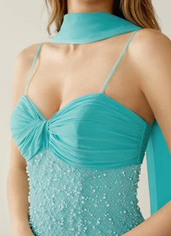 Turquoise Beaded Spaghetti Strap Mermaid Evening Dresses With Cape