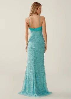 Turquoise Beaded Spaghetti Strap Mermaid Evening Dresses With Cape
