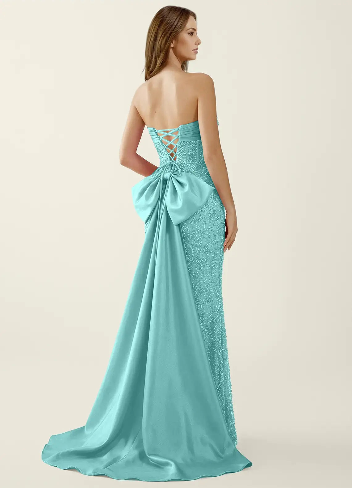 Turquoise Beaded Strapless Bow Mermaid Maxi Evening Dresses