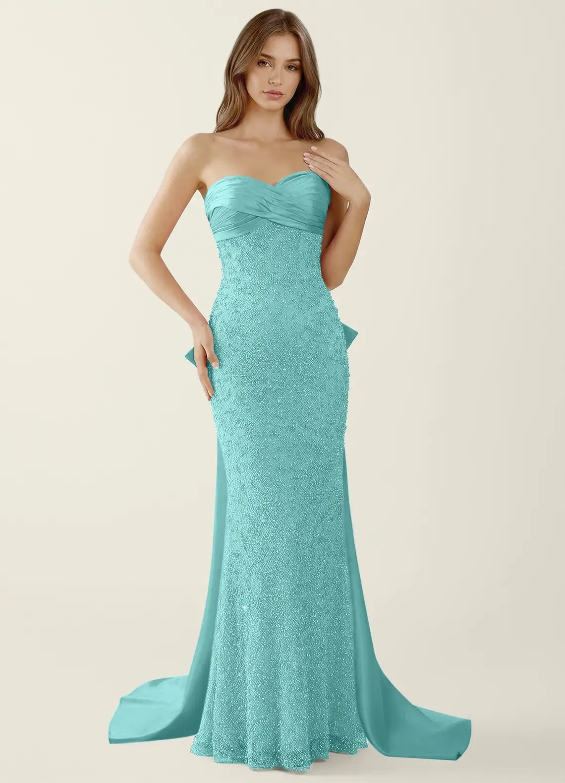 Turquoise Beaded Strapless Bow Mermaid Maxi Evening Dresses