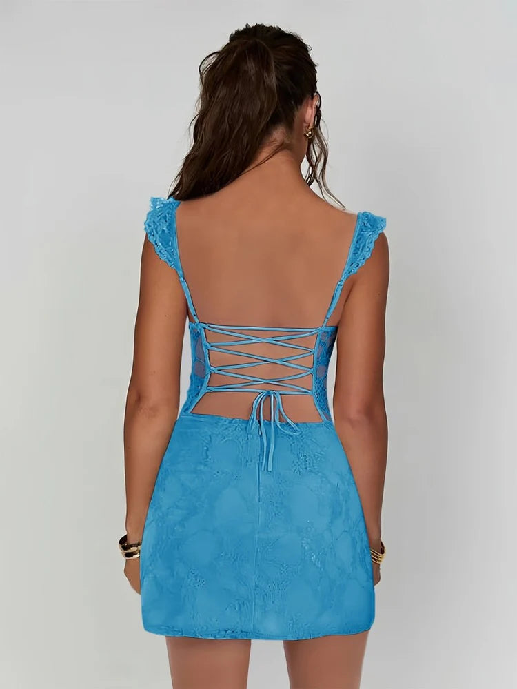 Turquoise Blue Lace Ruffle Strap Lace-Up Back Bodycon Mini Evening Dresses