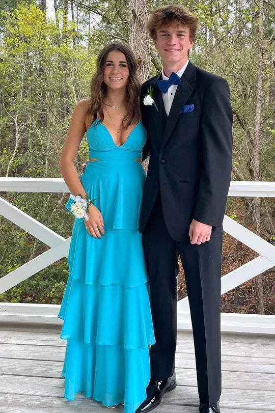 Turquoise Chiffon Spaghetti Strap Cut Out Tiered Maxi Prom Dress