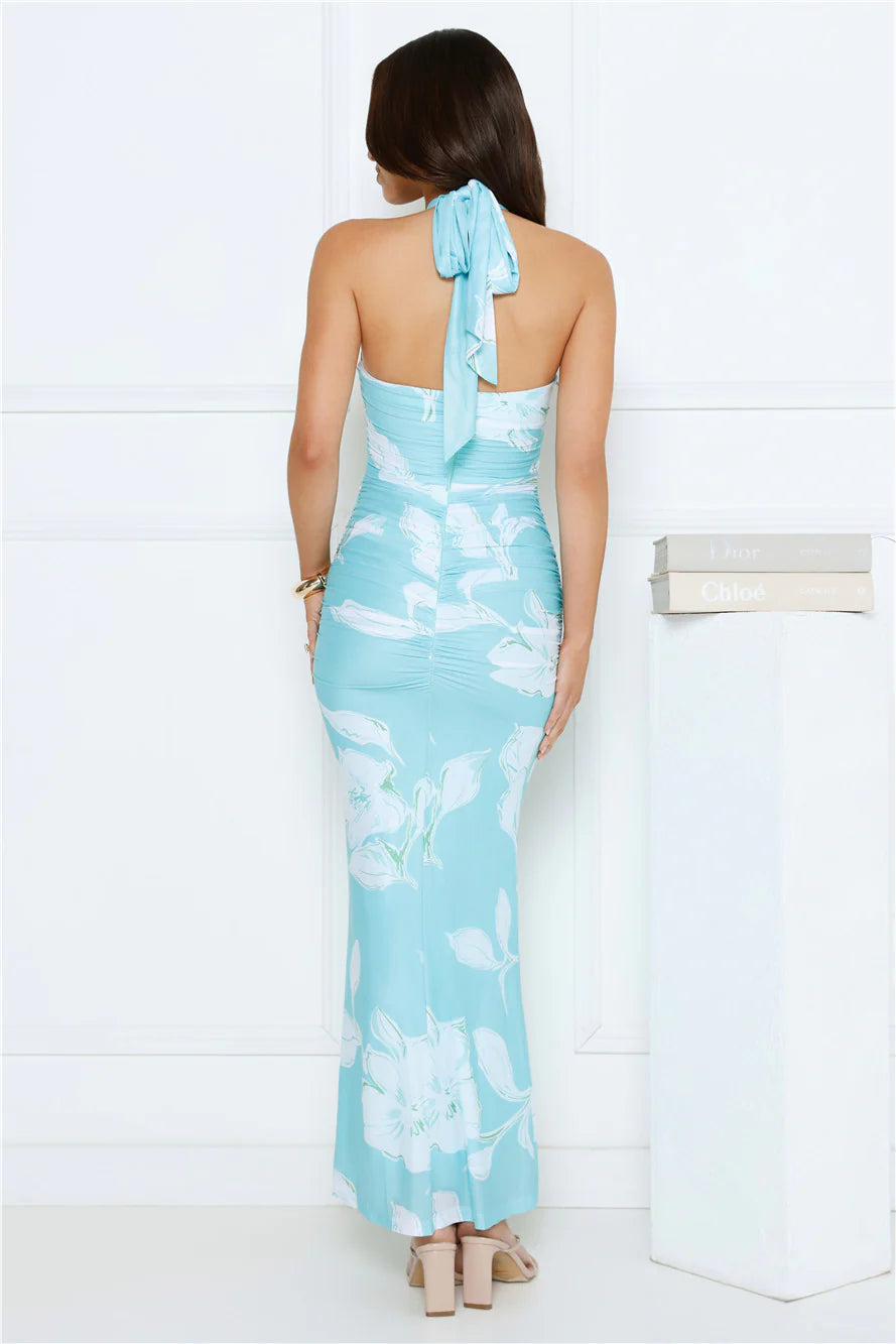 Turquoise Floral Halter Neck Mesh Panel Maxi Evening Dresses with Ruched Waist