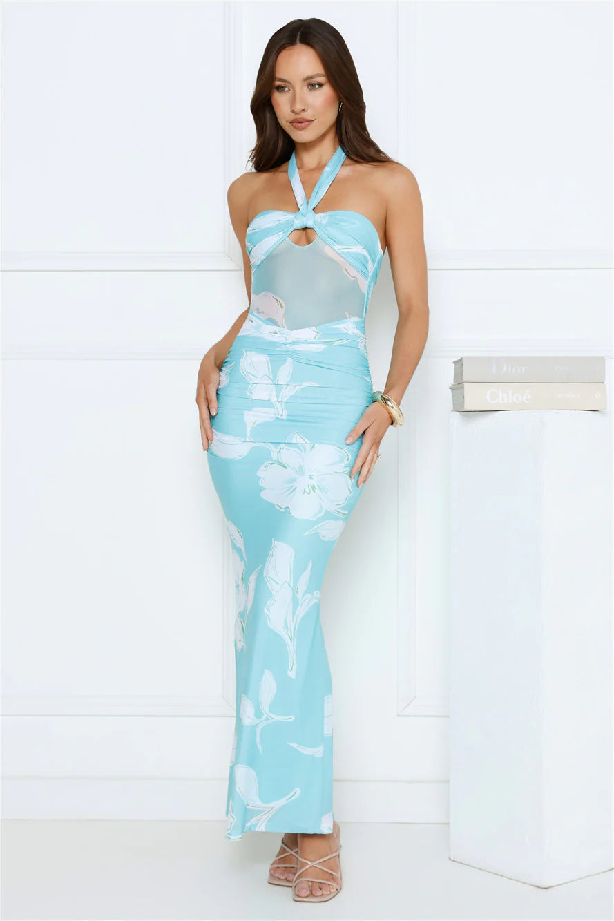 Turquoise Floral Halter Neck Mesh Panel Maxi Evening Dresses with Ruched Waist