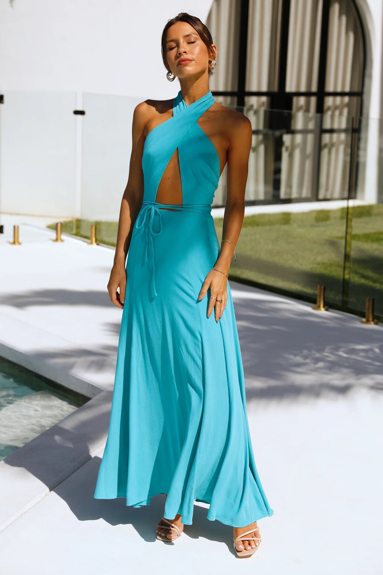 Turquoise Halter Neck Cutout Tie Waist Maxi Evening Dresses