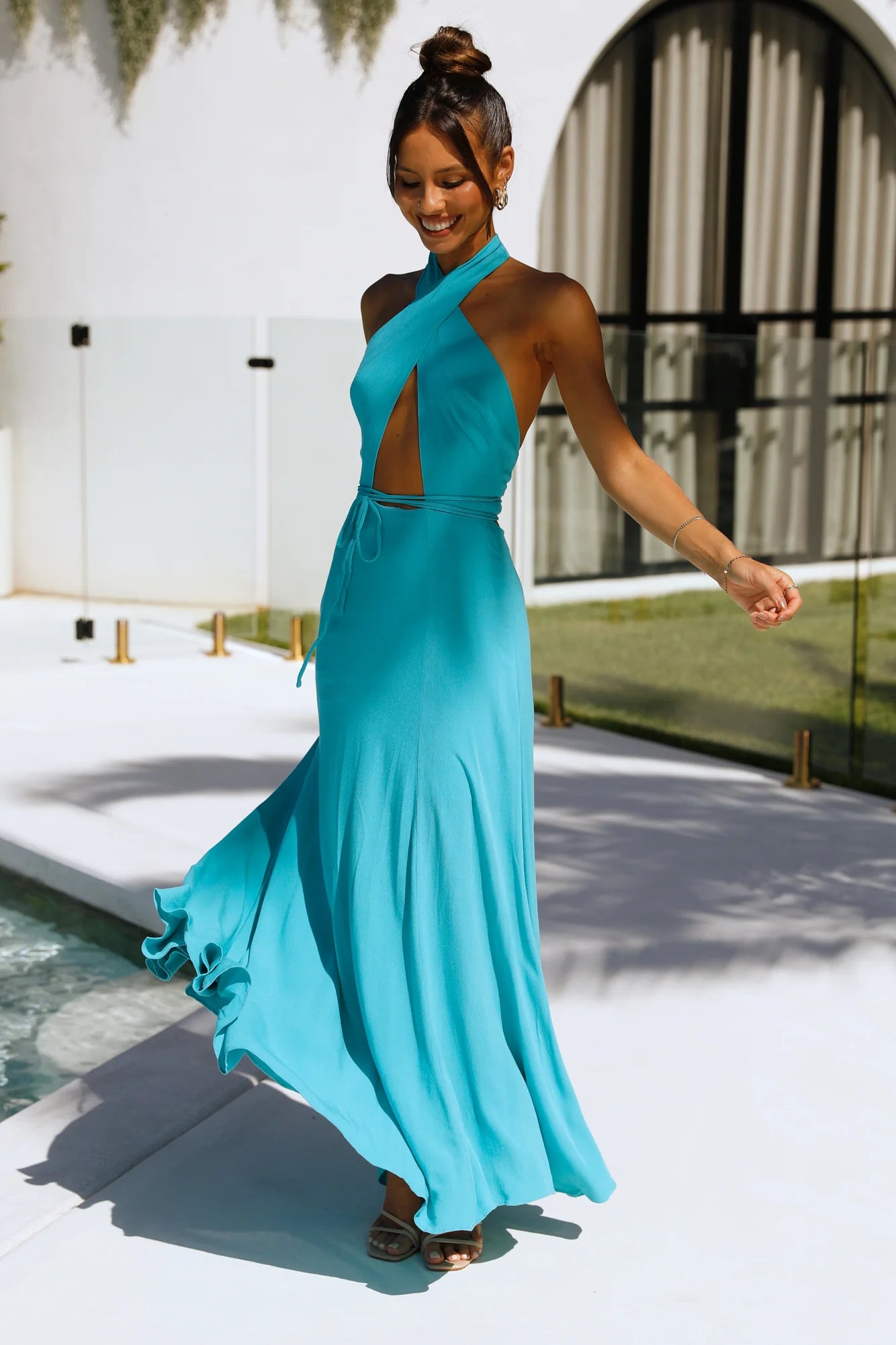 Turquoise Halter Neck Cutout Tie Waist Maxi Evening Dresses